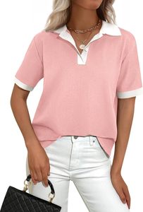 Polo de Manga Corta Color Verde Oliva para Mujer, Tejido de Punto, Cuello con Ribete Blanco, Estilo Casual, Largo Regular - Product Image 5