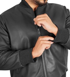 Chaqueta de Cuero Vacuno Negra para Hombre, Estilo Bomber, Cuello Alto, Cierre de Cremallera, Estilo Motero, Corte Regular, para Otoño, Tallas Grandes - Product Image 3