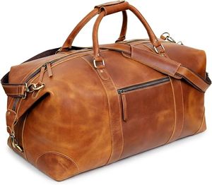 Sac de voyage unisexe en cuir véritable, grande capacité, style vintage, fermeture éclair, poignée souple - Product Image 1