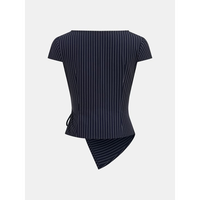 Ensemble coordonné deux pièces en rayures fines linéaires bleu marine, comprenant un haut peplum asymétrique à nouer et un pantalon large à jambes larges, style Meridian Wrap