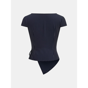 Ensemble coordonné deux pièces en rayures fines linéaires bleu marine, comprenant un haut peplum asymétrique à nouer et un pantalon large à jambes larges, style Meridian Wrap - Product Image 3