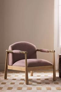 Fauteuil artisanal en teck à dossier rond, tissu mauve de luxe, siège de réception pour salon - Product Image 2