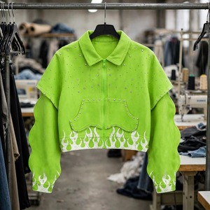 Custom Neon Green Vintage Windproof Denim <b>Jacket</b> for Women <b>Rhinestone</b> Flame Print Streetwear Zip up Casual OEM ODM Factory - Product Image 3
