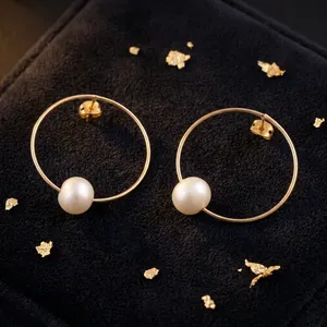 Pendientes de aro con perlas barrocas de agua dulce naturales, chapados en oro de 18 quilates, aros circulares redondos con perlas grandes y llamativas para mujer, joyería de moda. - Product Image 1