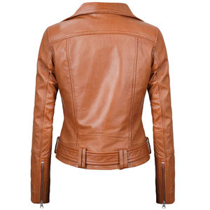 Brown PU <b>Leather</b> Moto <b>Jacket</b> Men Slim Fit Zipper Closure Belted Biker Style Autumn <b>Winter</b> Wear For Women - Product Image 4