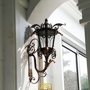 Traditional <b>Iron</b> Design Wall Lamp Gold Accents Glass Shade E26 Bulb Base Outdoor LED Lighting Custom Base 3500K Warm - Product Image 6