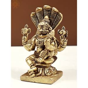 Narasimha et Lakshmi de petite taille de 3 pouces faits à la main avec sculpture Sheshanaga en laiton - Product Image 3