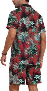 Conjunto de Dos Piezas para Hombre, Camisa y Pantalones Cortos con Estampado de Hojas Tropicales, Estilo Vintage Rojo, Transpirable, Casual, para Vacaciones de Verano en la Playa - Product Image 2