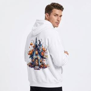 Sweat à capuche blanc pour homme, imprimé château d'Halloween, en coton, décontracté, coupe classique, logo sur le devant, poche, 350g, fabriqué au Bangladesh - Product Image 6