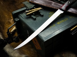 Cuchillo de caza con mango de cuerno de carnero y funda de cuero, hoja de punta caída, acero con alto contenido de carbono, grado industrial, grosor de 0.6 mm - Product Image 2