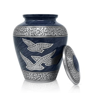 Standard Quality Aluminium Blue Cremation <b>Urns</b> With Silver Bird Design <b>Large</b> Adult Burial Cremation <b>Urns</b> for Human Ashes - Product Image 1