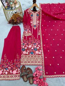 Ensemble 3 pièces traditionnel en soie et mousseline épaisse pour femme, brodé, comprenant un haut, un pantalon palazzo et une dupatta, entièrement cousu, idéal pour les occasions festives - Product Image 1