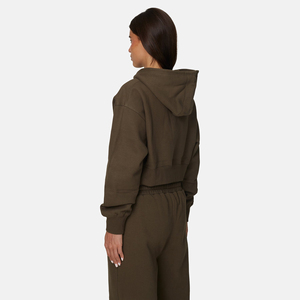 Sweat-shirt à capuche court vert olive pour femme, manches longues, fermeture éclair, tricoté, couleur unie, décontracté, pour l'automne - Product Image 5