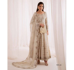 Ssumaira <b>Present</b> Omara festive <b>eid</b> collection by Nureh Embroidered Embellished silk & chiffon jacquard collection Anarkali - Product Image 1
