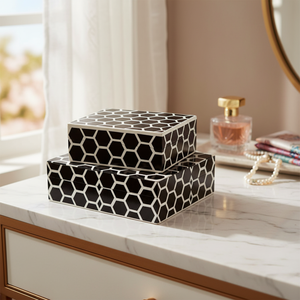 Caja de Joyería de Lujo con Incrustaciones de Hueso Negro Hecha a Mano, Diseño Hexagonal Geométrico, Organizador de Joyas, Decoración para el Hogar, Estuche de Regalo - Product Image 1