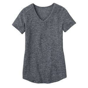 เสื้อยืดผู้หญิงคอวีแขนสั้นสีทึบผ้าถักลำลองทรงปกติสีเขียวอมฟ้า - Product Image 2