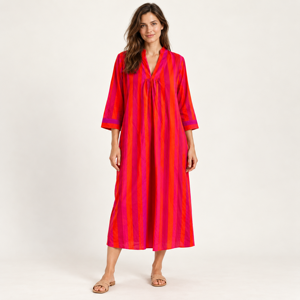 Vestido maxi a rayas con cuello en V para mujer, manga tres cuartos, cintura imperio, estilo bohemio, informal, para verano - Product Image 1