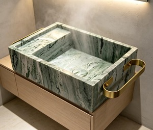 Vasque rectangulaire en marbre poli vert, avec poignées en laiton, design minimaliste pour salle de bain - Product Image 1