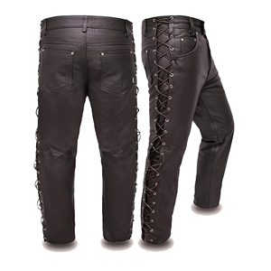 Pantalones de cuero para hombre con logotipo personalizado, pantalones de motociclista con cordones laterales, pantalones de cuero genuino para motocicleta, pantalones vintage góticos de estilo urbano. - Product Image 1