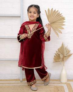 Premium Quality Ethnic <b>Suits</b> for Small Girl Pure Velvet Fabric Gota Embroidered Kurti Salwar & Duppatta with Custom Sizes Color - Product Image 5