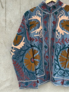 One Size Unisex <b>Velvet</b> Suzani Bomber Jacket Full Sleeve Handmade Floral Embroidered Soft Cotton Reversible Eco-Friendly - Product Image 3