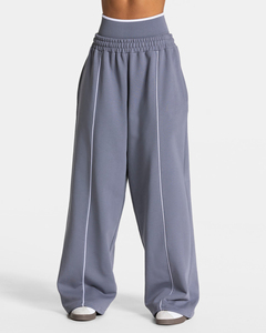Pantalon de jogging ample gris glace pour femme, en molleton de coton premium, avec détails contrastants, coupe large, haute qualité, vente en gros - Product Image 1