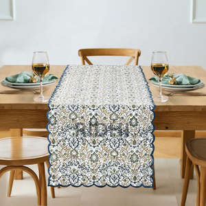 RIDHI High Quality Indigo Floral Embroidered Hand Block Print Cotton <b>Table</b> <b>Runner</b> for Home Hotel Outdoor Dining Weddings Parties - Product Image 1