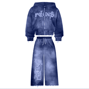 Custom <b>Distressed</b> Applique Embroidery Tracksuits Sets Vintage Sun Faded Zip up Hoodie Set Sun Faded Acid Washed Tracksuit - Product Image 4