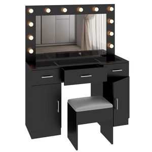 Large Lighted <b>Mirror</b> <b>Makeup</b> Vanity Desk Set with 3 Drawers 2 Cabinets Wood Top Vanity Table for Dressing Power Outlet Included - Product Image 6