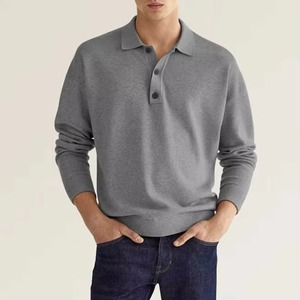 Mens Long Sleeve Knitted Polo <b>Shirt</b> Solid Color Button Front Casual Breathable Cotton Top Customize OEM polo <b>shirts</b> - Product Image 2