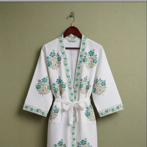 Wholesale 100% Premium Quality Eco-Friendly Hand Block Printed Cotton <b>Waffle</b> Spa Bath Robe High Water Absorbency Lace Premium - Product Image 1