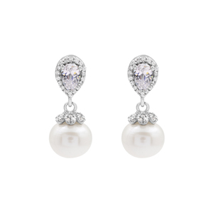 Pendientes Clásicos de Plata de Ley 925 con Perlas y Diamantes de Corte Pera, Diseño de Gota de Agua con Baño de Rodio, Joyería Fina - Product Image 1