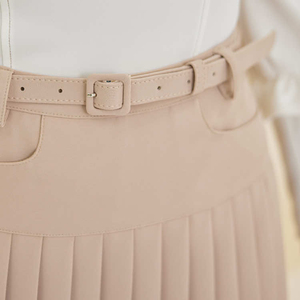 Women's <b>Pleated</b> <b>Skirt</b> with Belt and Pockets Solid Color Casual Summer <b>Mini</b> Natural Waistline Design 100% Cotton - Product Image 5