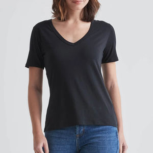 Camiseta de Verano para Mujer, Suave y Transpirable, Informal, Ecológica, de Algodón Liso, de Primera Calidad, Color Negro Sólido, Cuello en V - Product Image 1
