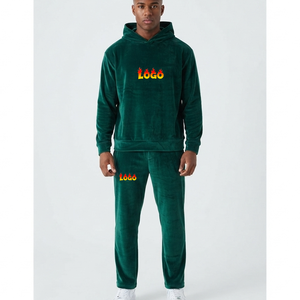 Custom <b>Velvet</b> Blank Heavyweight Solid Green <b>Tracksuit</b> for Men Pullover Regular Fit Hoodie and Sweatpants Jogger Sets Manufacture - Product Image 1