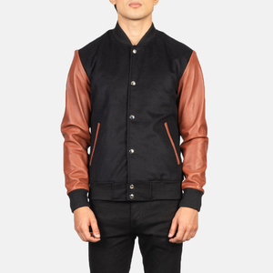 Men's Black Varsity Jacket With <b>Brown</b> Leather Sleeves Regular Fit Casual Style Turn-Down Collar Button Closure Autumn Wear - Product Image 2