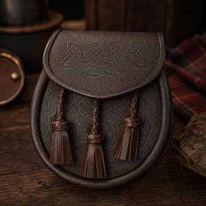Nom du produit — 128 Characters  Pochette écossaise Sporran en cuir véritable marron de qualité supérieure avec motif de nœud celtique en relief et pompon - Product Image 1