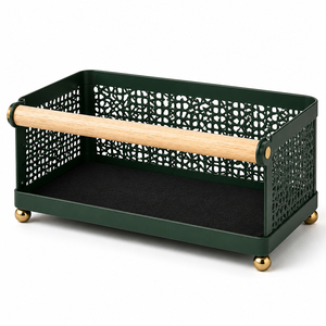 Plateau de rangement élégant avec un corps en métal noir mat élégant, un magnifique cadre en métal doré et une poignée en bois naturel. - Product Image 1