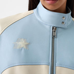 Women’s Cropped Motorcycle Bomber Jacket OEM Custom Genuine Leather & Satin PU with Embroidery and Printed Design - Product Image 6