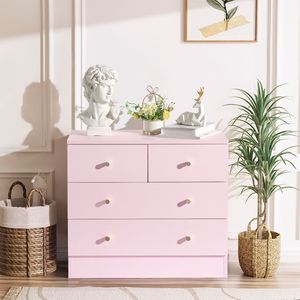 Commode moderne à 4 tiroirs pour chambre à coucher, meuble de rangement autoportant en métal rose et bois massif - Product Image 2