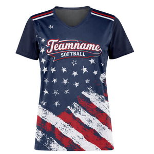 เสื้อซอฟต์บอลสำหรับผู้หญิง ทรงเข้ารูป พิมพ์ลายแบบ Dye Sublimation สีกรมท่า ลายธงชาติ ออกแบบเองได้ พร้อมหมายเลขทีมด้านหลัง - Product Image 2