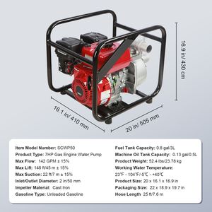 Bomba de agua a gasolina de 7HP, 2 pulgadas, 142 GPM, elevación de 148 pies, succión de 22 pies, motor de gasolina de 4 tiempos para agua sucia, mangueras de jardín y carretes. - Product Image 4
