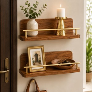 Acacia Wood Wall Shelf Brushed Brass Diagonal Slat Wholesale Moradabad - Product Image 1