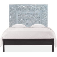 Tête de lit Mandala King Size en bois sculpté, éclairée, hauteur réglable, design artisanal, bleu ciel, mobilier de chambre
