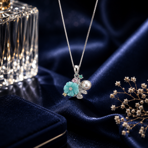 Collier pendentif élégant en argent 925 avec chaîne en boîte, imitation perle florale, zircon cubique bleu, design raffiné - Product Image 1