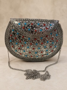 Women's Bohemian Metal Half Moon Handbag With Flower Embellishments Chain Strap Wedding Party <b>Clutch</b> Flap Closure - Product Image 1