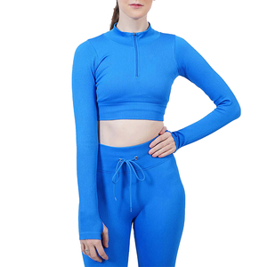 Women Yoga Set Quarter Zip <b>Crop</b> <b>Top</b> High Waist Full Length Leggings Solid Color Blue 2 Piece Activewear Breathable Spandex - Product Image 1