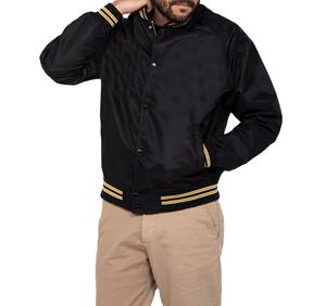 Men's Black Bomber <b>Jacket</b> With Gold Trim Regular Fit Casual Autumn Wear Zipper Closure Satin Lining Polyester Material - Product Image 3