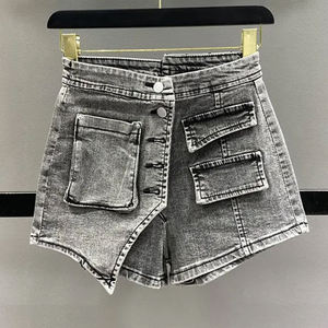High Waist <b>Cargo</b> <b>Shorts</b> <b>Women</b> Solid Color Denim Button Fly Casual Style Breathable Loose Fit Woven Washed - Product Image 5