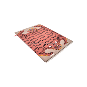 Tapis tibétain traditionnel en laine tufté à la main, motif double peau de tigre, style bohème rose corail, aspect fourrure animale exotique, écologique - Product Image 5